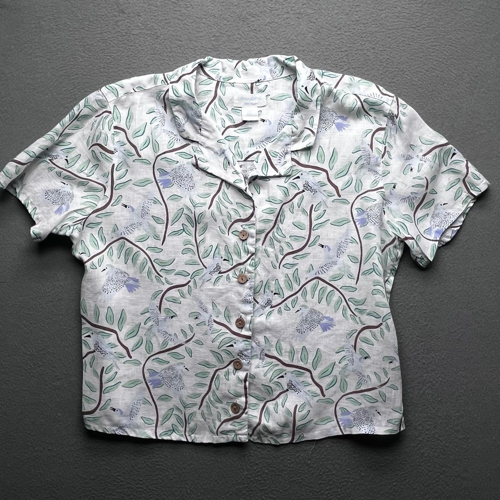 Cynthia Rowley Women Shirt 100% Linen Medium Bird Botanical Print Camp Collar
